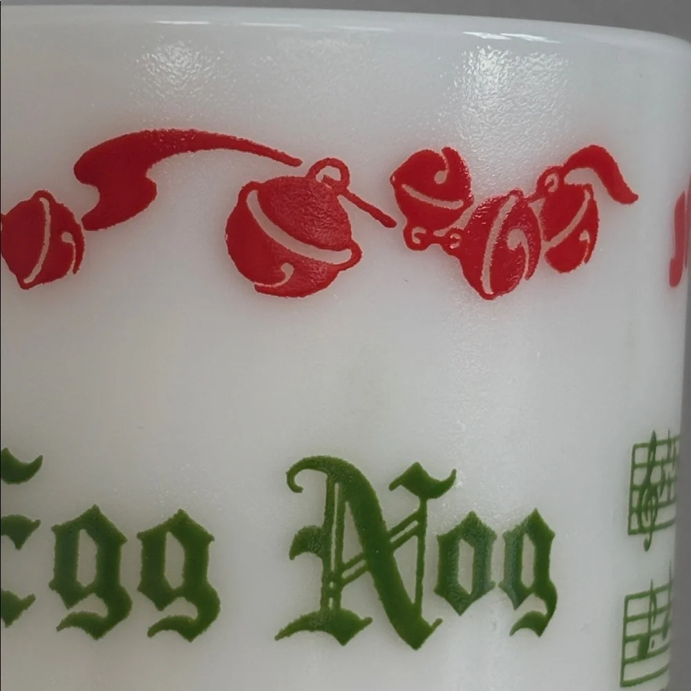 Vintage Hazel Atlas Holiday Milk Glass Punch Bowl with Mugs Jingle Bells Egg Nog